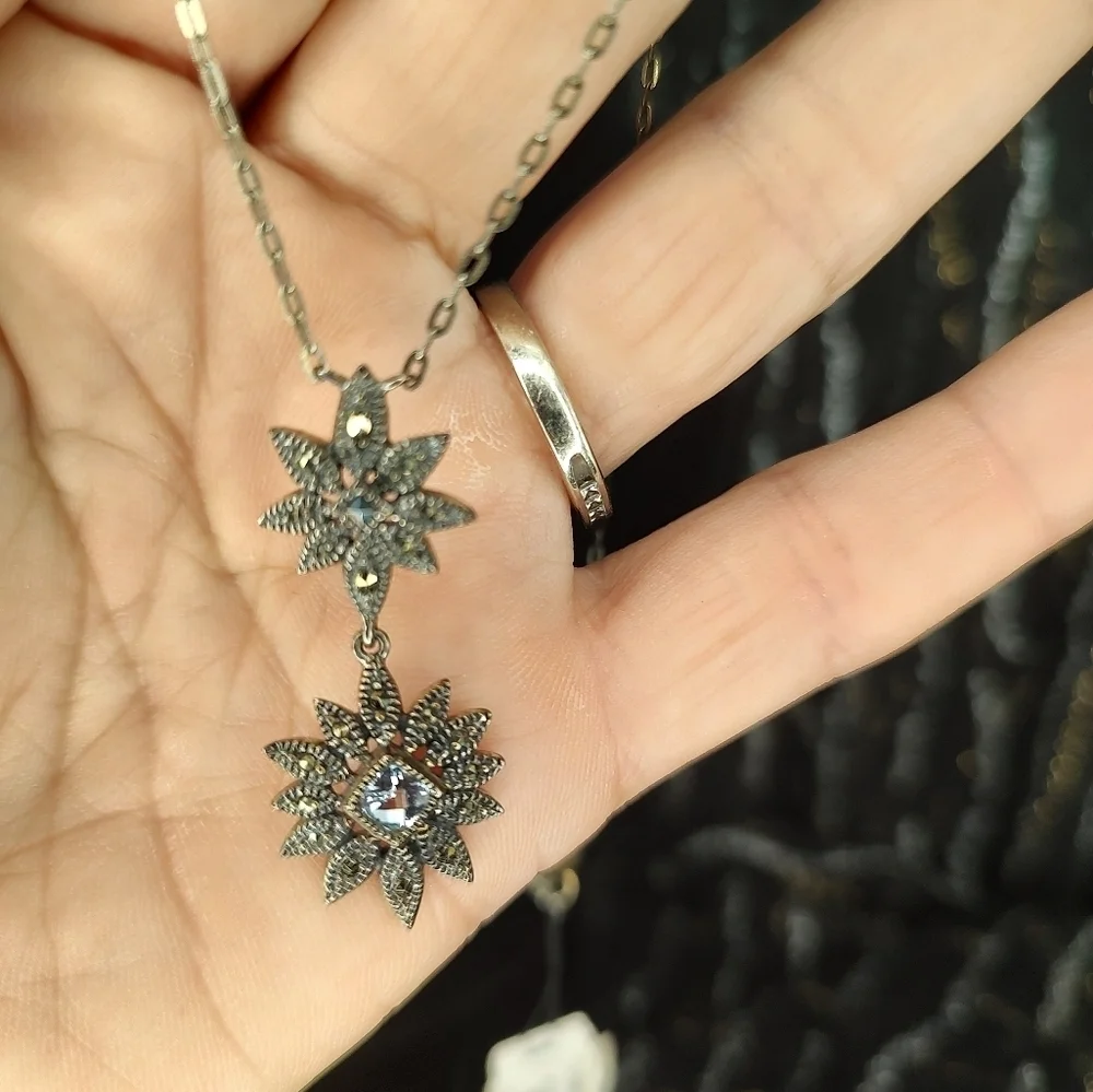 Judith Jack Necklace 925 Sterling Silver Double Daisy Drop Marcasite